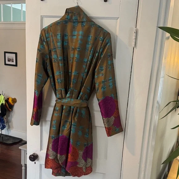 Samuel Dong Olive Green Satin Floral Wrap Dress Coatwith Purple & Orange Accents - Picture 7 of 9